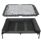 Elevated dog bed with cooling mesh and removable plush side support.
