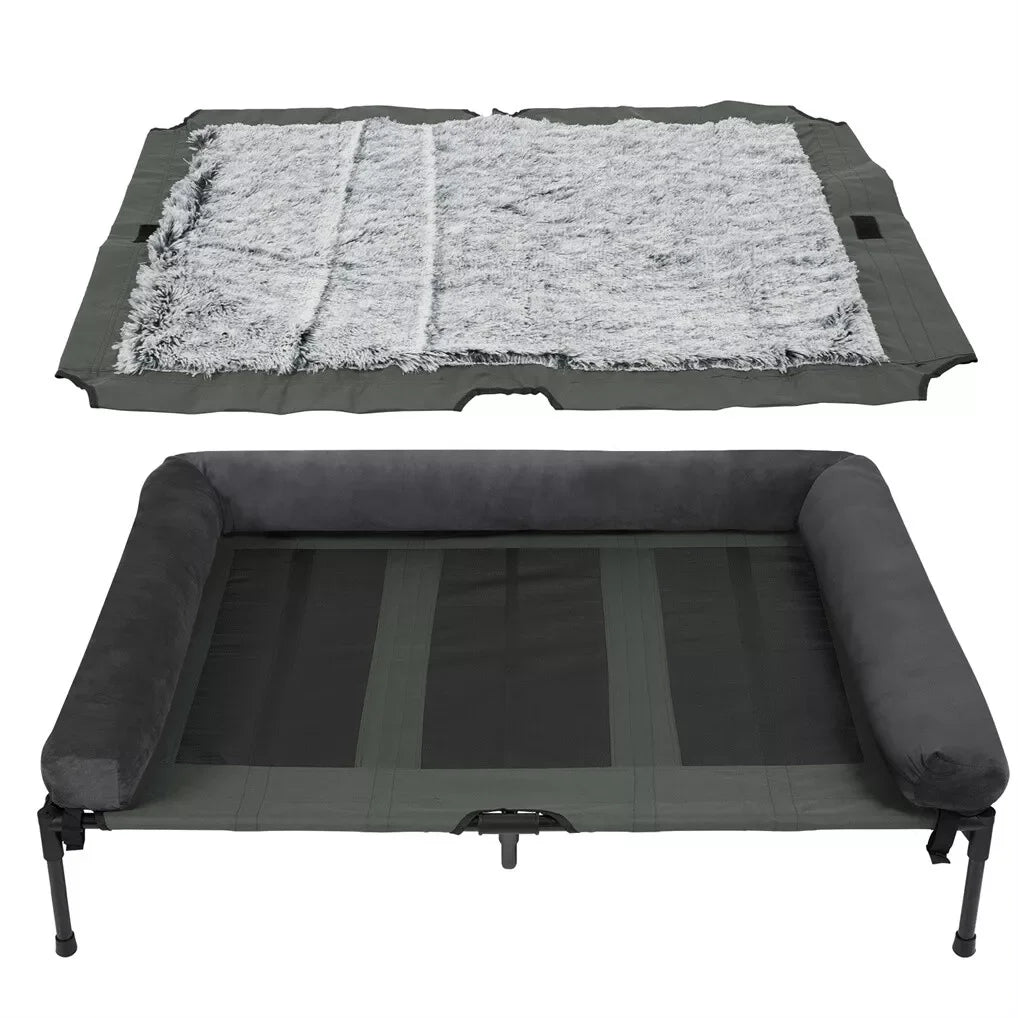Elevated dog bed with cooling mesh and removable plush side support.
