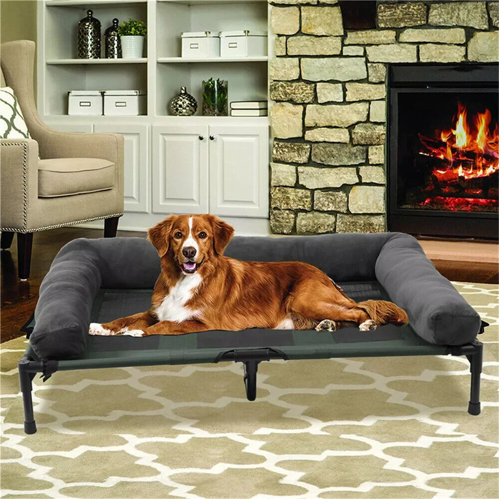 Elevated dog bed with cooling mesh and removable plush side support.