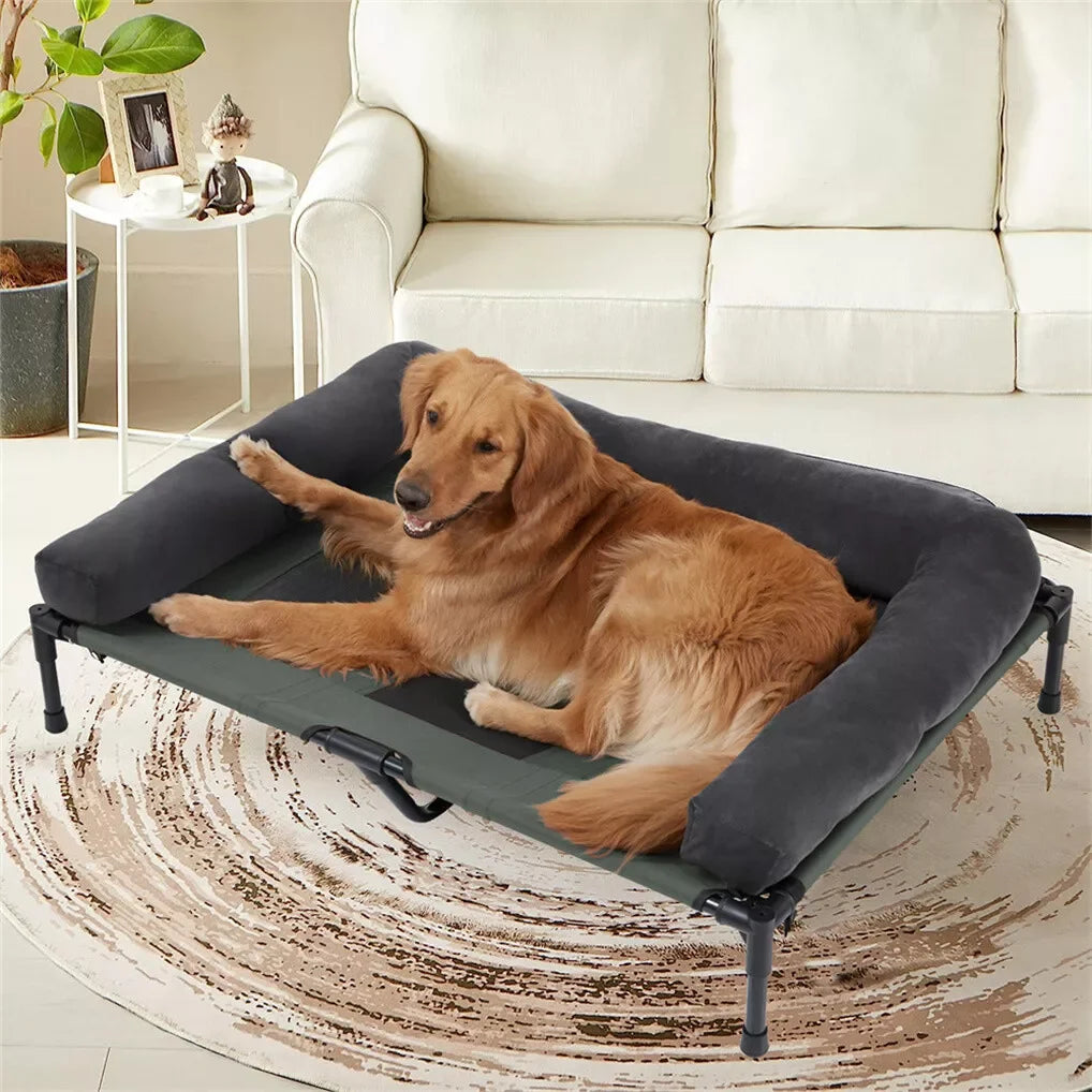Elevated dog bed with cooling mesh and removable plush side support.