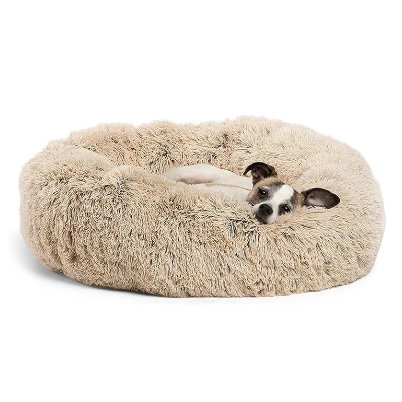 Super-soft plush round pet bed for winter.