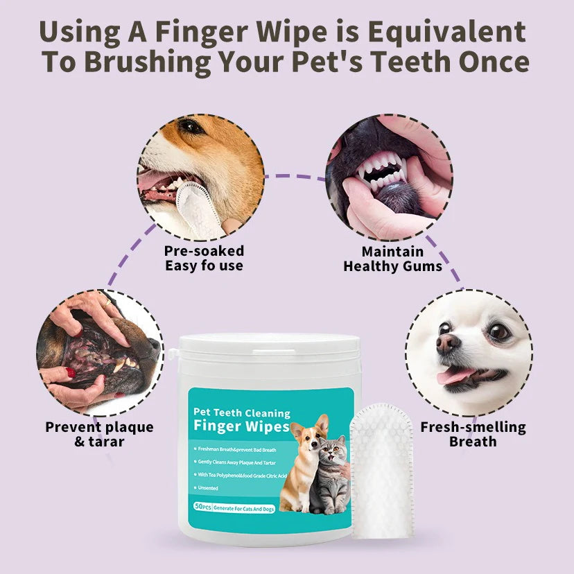 Disposable Pet Finger Toothbrush Wipes Dog & Cat Oral Cleaning 50pcs