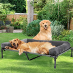 Elevated dog bed with cooling mesh and removable plush side support.
