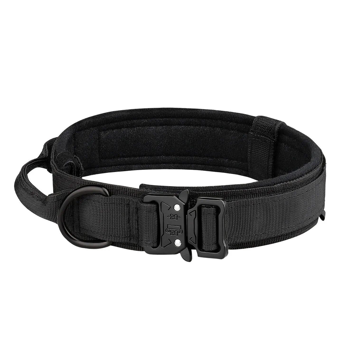 Tactical dog collar with metal buckle, durable and for training.
