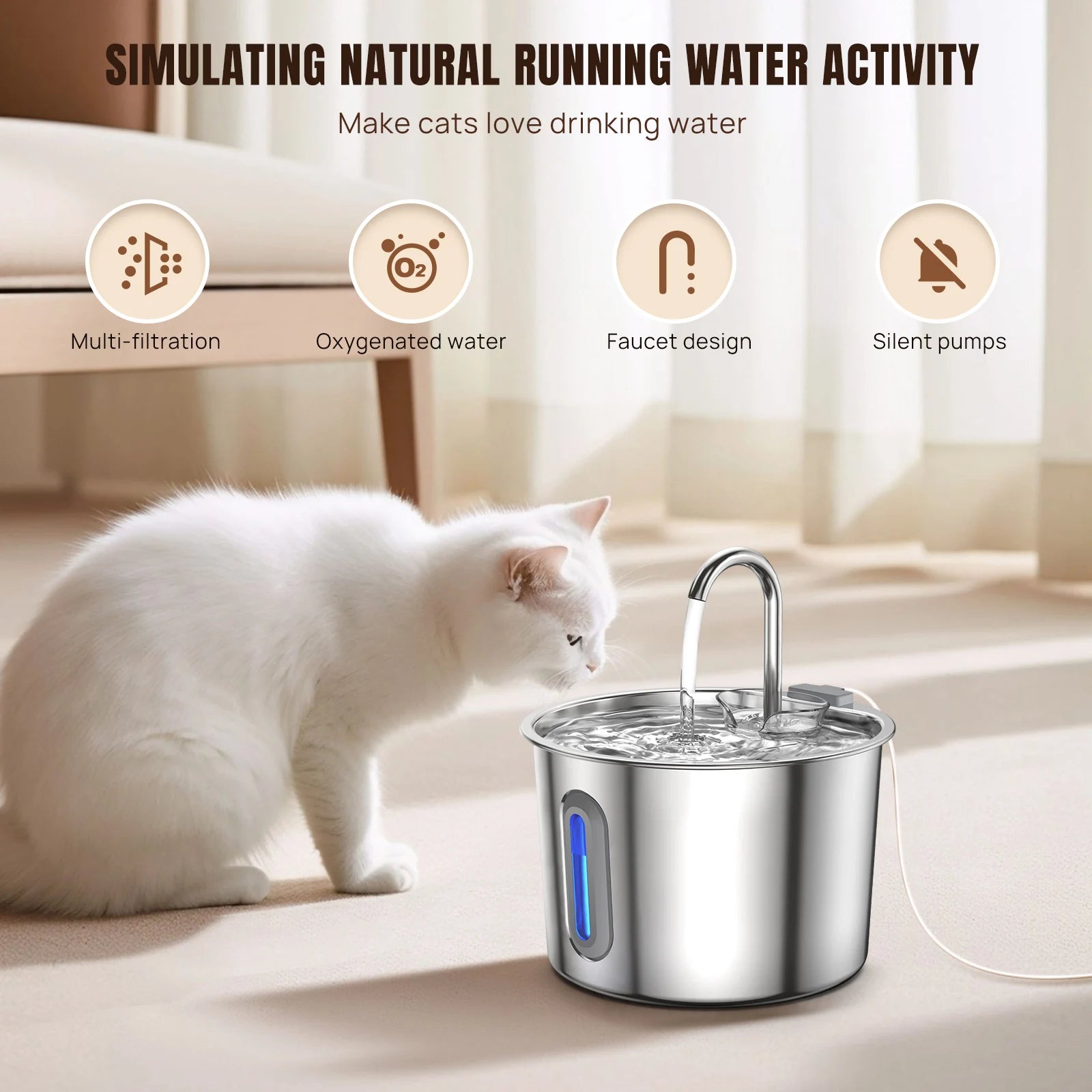 Ultra-quiet drinking fountain for cats and dogs, triple filtration