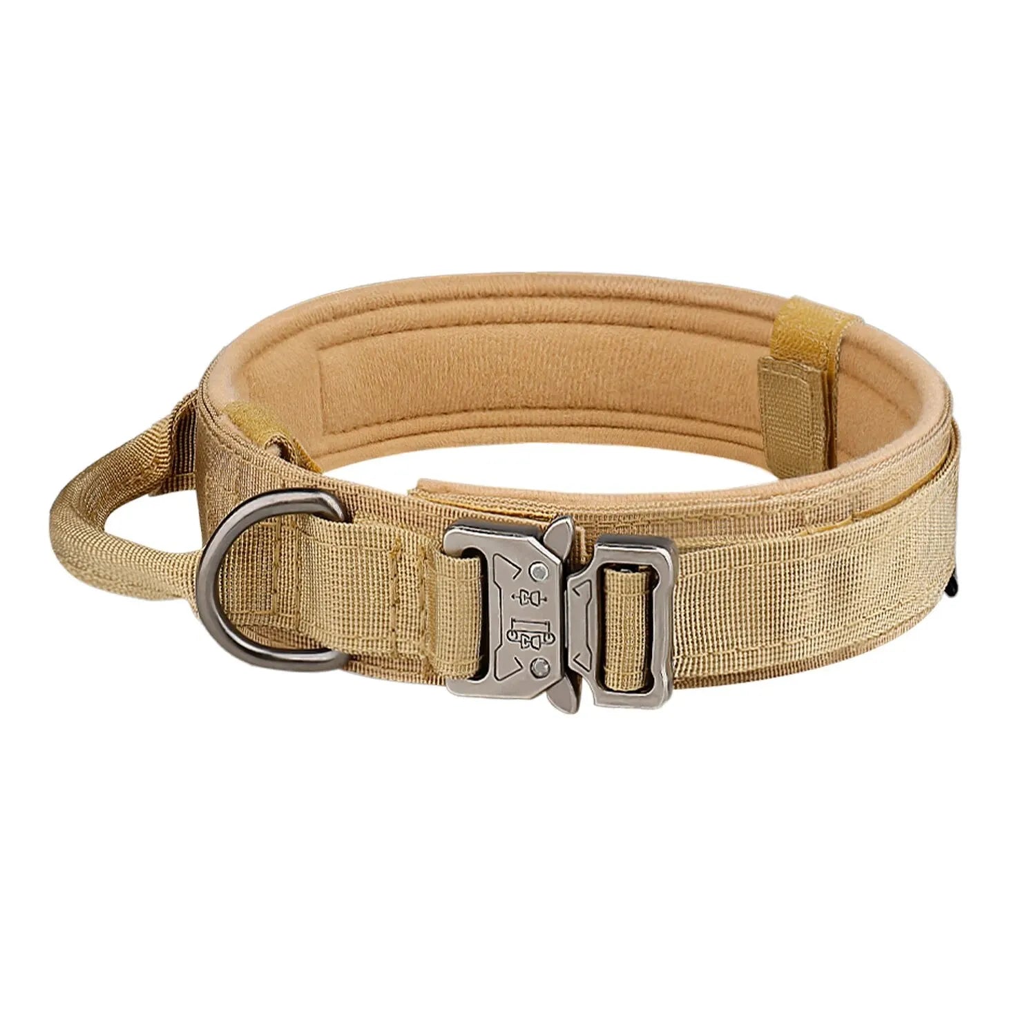 Tactical dog collar with metal buckle, durable and for training.