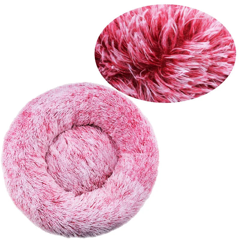 Super-soft plush round pet bed for winter.
