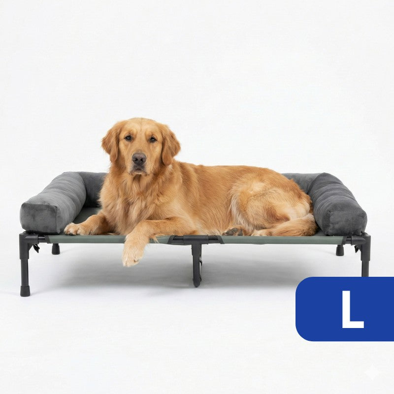 Elevated dog bed with cooling mesh and removable plush side support.